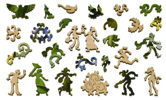 A colorful assortment of wooden jigsaw puzzle pieces featuring whimsical designs, including birds, dancers, and abstract shapes. The pieces showcase vibrant greens and blues, emphasizing the Connecticut Warbler theme. Each piece is uniquely shaped for an engaging puzzling experience.