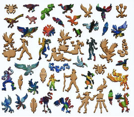 A vibrant jigsaw puzzle titled 'Birds' by Liberty Puzzles featuring an array of colorful and uniquely shaped wooden pieces. The puzzle displays various bird illustrations and whimsical characters, showcasing intricate cut-outs and vivid colors. Perfect for puzzle enthusiasts and bird lovers alike, this puzzle offers a delightful challenge while providing a beautiful visual experience.