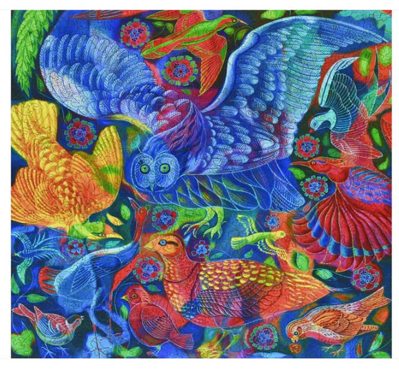 Colorful jigsaw puzzle featuring various birds in vibrant hues, including an owl, surrounded by flowers and intricate designs, showcasing artistic detail and vivid colors.