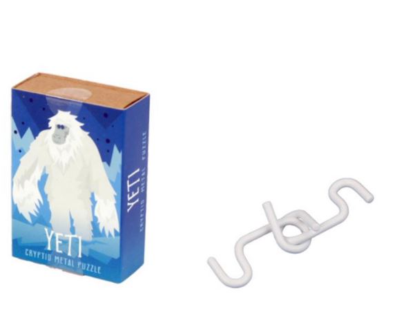 The Cryptid Puzzlebox Yeti is a unique mechanical puzzle featuring a white metal design shaped like a Yeti. It comes in a colorful, illustrated box that highlights the mythical creature against a blue background, perfect for puzzle enthusiasts and collectors alike.