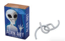 The Cryptid Puzzlebox Alien featuring a gray alien illustration on the packaging. The box is designed with vibrant colors and shows the puzzle piece, a silver-colored metal puzzle, beside it.