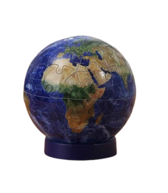 A spherical jigsaw puzzle depicting a vibrant and detailed representation of the Earth. The puzzle features distinct continents, oceans, and geographical markings, resting on a sturdy circular base. The surface showcases vivid colors, including greens for land and blues for oceans, enhancing the visual appeal and educational value of the puzzle.