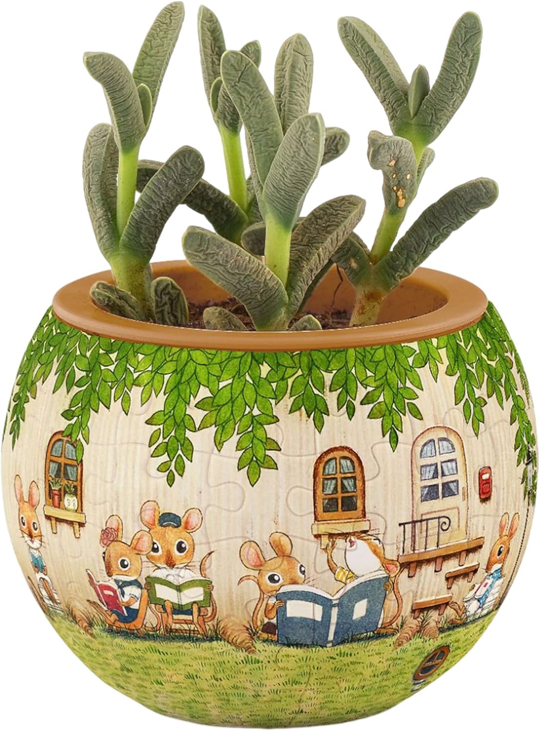 A whimsical jigsaw puzzle by Pintoo Corporation, titled 'SMART - Happy Reading'. The puzzle features a charming illustration of adorable mice reading books in a lush garden setting. The design showcases a vibrant pot with green plants growing inside, surrounded by detailed depictions of the mice and their cozy surroundings, perfect for puzzle enthusiasts of all ages.