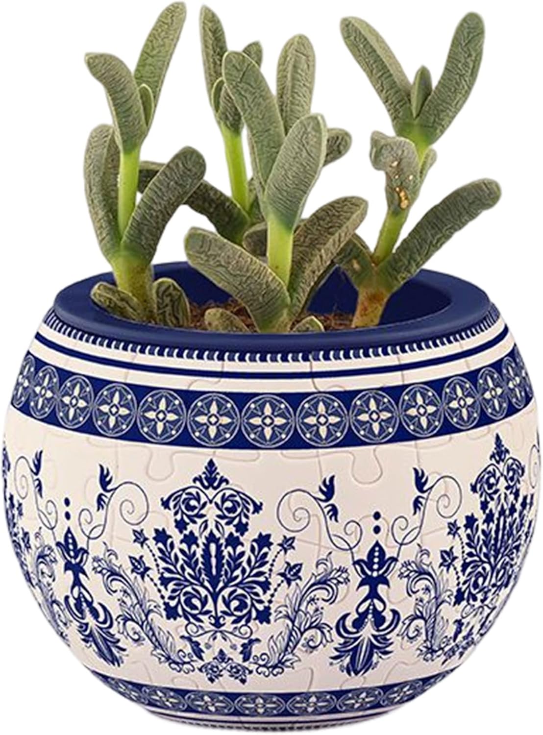 The Classic Ornamental Style jigsaw puzzle features a beautifully designed round pot adorned with intricate blue floral patterns. The pot is filled with vibrant green succulent plants, adding a touch of natural beauty. Perfect for puzzle lovers who enjoy intricate designs and home decor themes.