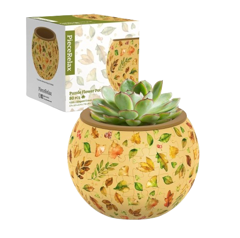 Elegant Green jigsaw puzzle featuring a beautifully designed flower pot with green and yellow hues, adorned with colorful leaf patterns. The jigsaw comes in a charming box packaging by Pintoo Corporation, making it an ideal gift for puzzle enthusiasts who appreciate nature-inspired designs.