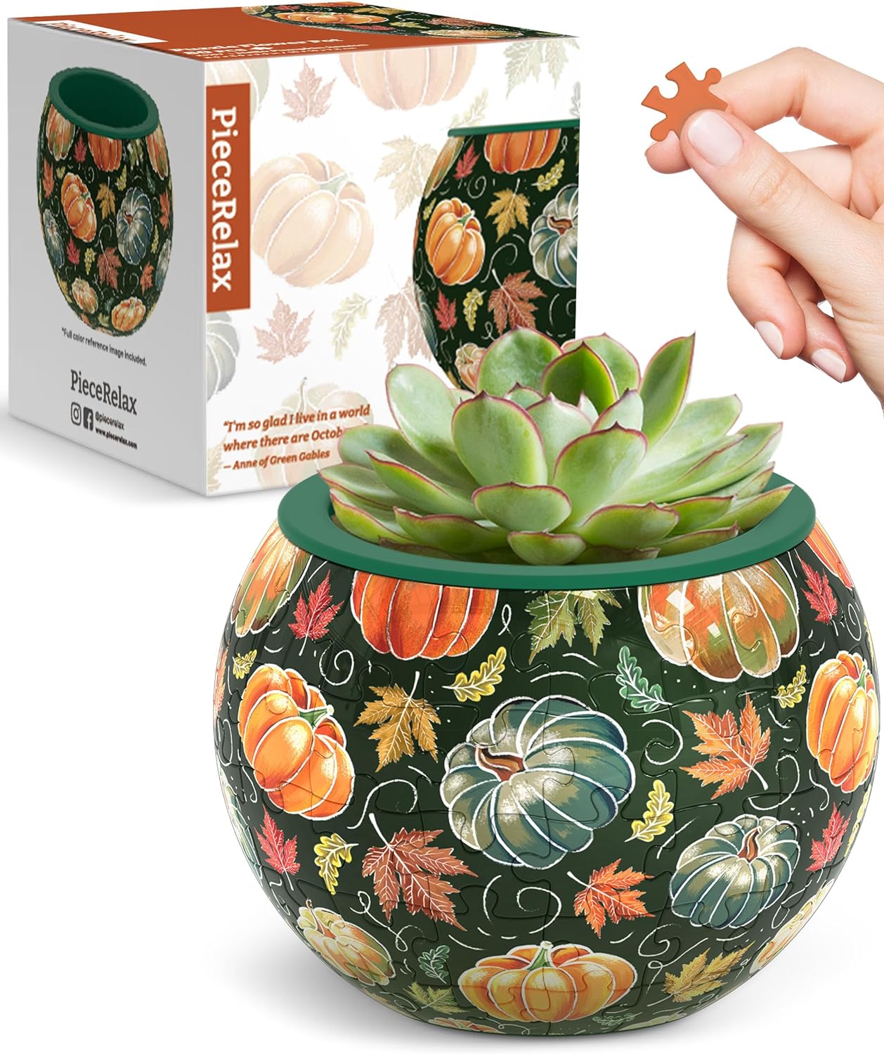 A colorful jigsaw puzzle featuring a round pumpkin-themed planter with vibrant autumn leaves and pumpkins. A hand is placing a puzzle piece into the planter, which contains a succulent plant. The product packaging showcases the same design with a quote from 'Anne of Green Gables.'