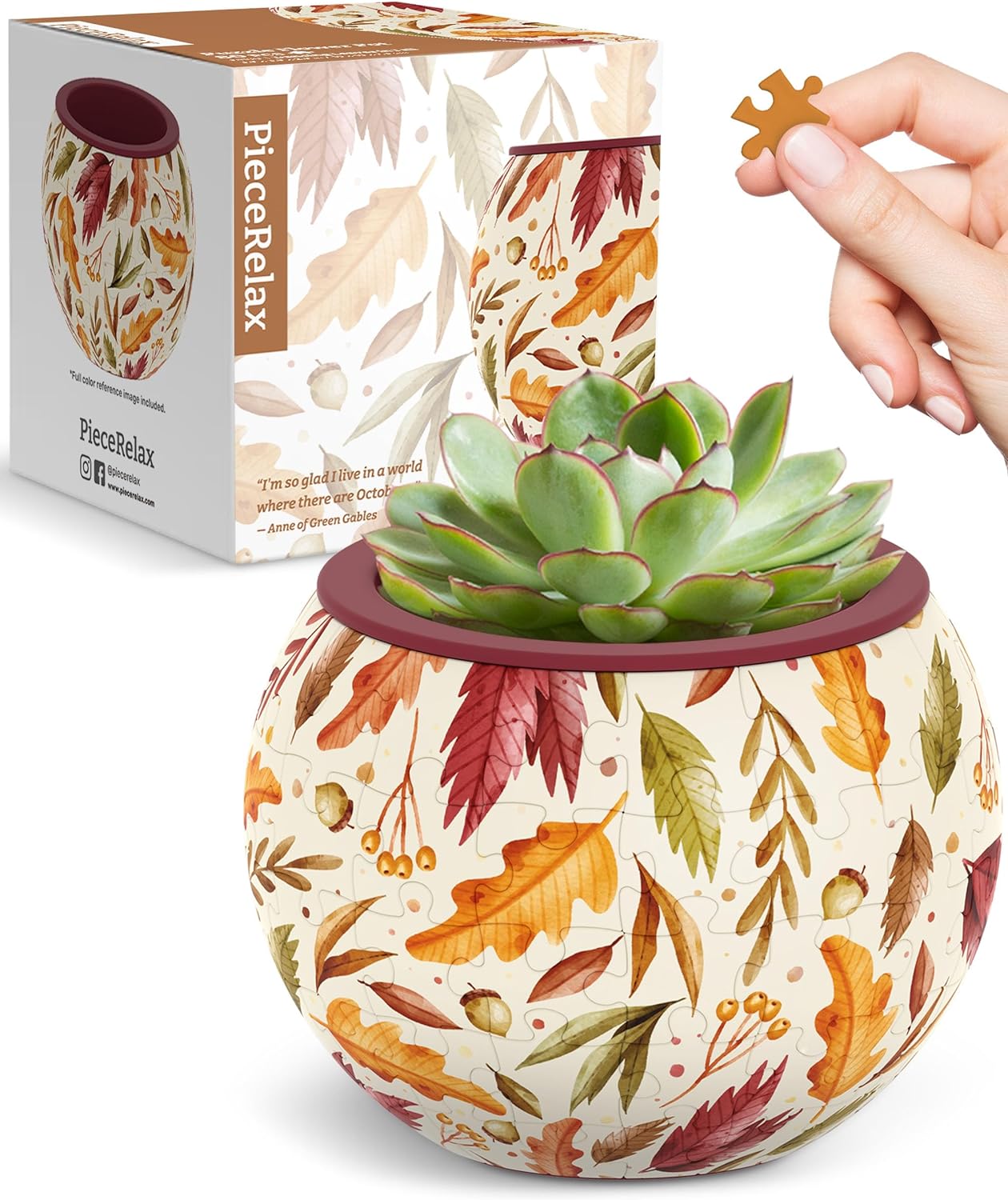 A beautifully designed jigsaw puzzle featuring autumn leaves in vibrant colors of red, orange, and yellow. The puzzle is shaped like a round planter that holds a succulent, showcasing a blend of nature and creativity. The packaging includes a colorful autumn-themed box with artistic details and a quote about the beauty of fall.