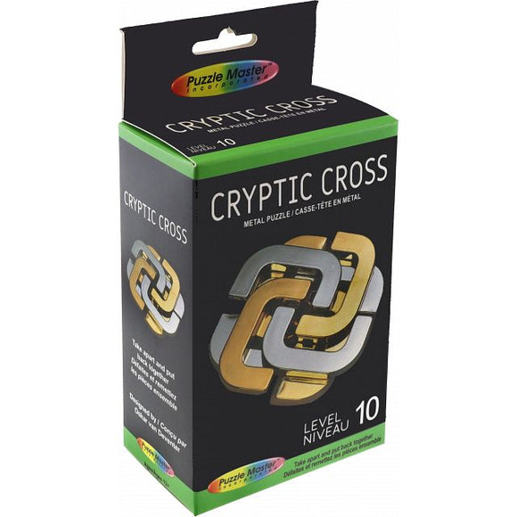 Cryptic Cross Mechanical Puzzle by Puzzle Master. This intricate metal puzzle, categorized as level 10, features intertwined pieces that challenge and engage the mind. Perfect for puzzle enthusiasts looking for a complex challenge.