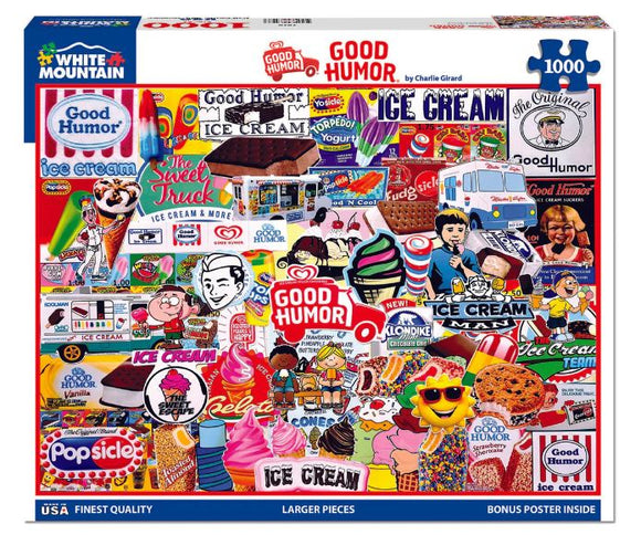Good Humor jigsaw puzzle featuring vibrant and nostalgic ice cream-themed illustrations, including logos, ice cream cones, trucks, and characters. This 1000-piece jigsaw provides a fun and colorful challenge for puzzle enthusiasts of all ages, showcasing a delightful mix of retro and contemporary designs from the ice cream brand Good Humor.