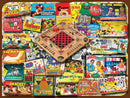 A vibrant collage featuring various classic game boxes and playing pieces such as cards, board games, and colorful illustrations of games like Bingo, Old Maid, and McHale’s Navy. The centerpiece includes a wooden game board with black and white pieces, evoking a nostalgic feel for traditional board game enthusiasts. Perfect for family game nights or collectors looking to reminisce about beloved childhood pastimes.