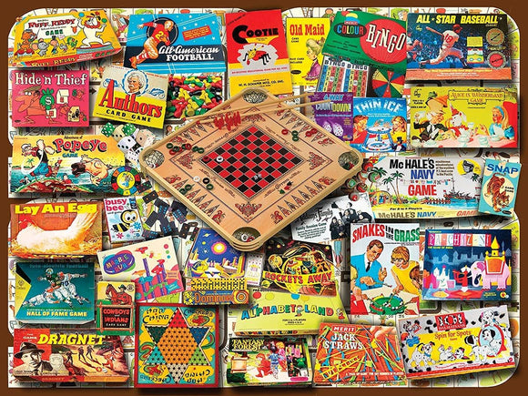 A vibrant collage featuring various classic game boxes and playing pieces such as cards, board games, and colorful illustrations of games like Bingo, Old Maid, and McHale’s Navy. The centerpiece includes a wooden game board with black and white pieces, evoking a nostalgic feel for traditional board game enthusiasts. Perfect for family game nights or collectors looking to reminisce about beloved childhood pastimes.