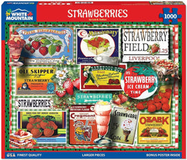 A colorful jigsaw puzzle featuring a collection of vintage strawberry-themed advertisements and products. The design includes images of strawberries, ice cream, preserves, and various branding, all set against a vibrant backdrop. This puzzle contains 1000 pieces and celebrates the deliciousness of strawberries through artistic designs and nostalgic visuals.