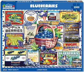 Colorful jigsaw puzzle featuring a collage of vintage blueberry labels and advertisements. Includes a basket of fresh blueberries, images of people picking blueberries, and various blueberry products such as juice and pie. Designed by Lois B. Sutton, this puzzle has 1000 large pieces, making it perfect for puzzle enthusiasts of all ages.