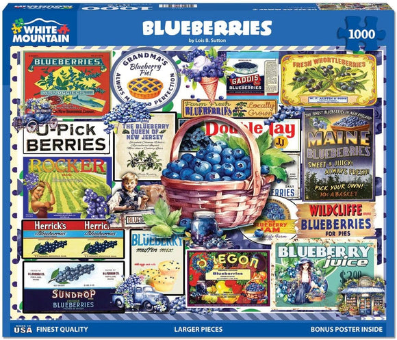 Colorful jigsaw puzzle featuring a collage of vintage blueberry labels and advertisements. Includes a basket of fresh blueberries, images of people picking blueberries, and various blueberry products such as juice and pie. Designed by Lois B. Sutton, this puzzle has 1000 large pieces, making it perfect for puzzle enthusiasts of all ages.