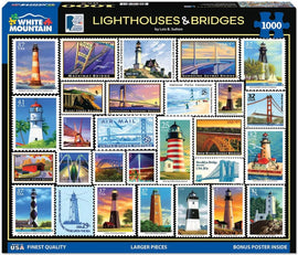 A jigsaw puzzle featuring 1000 pieces, titled 'Lighthouses & Bridges', by White Mountain Puzzles. The puzzle showcases vibrant stamps depicting various iconic lighthouses and bridges, including the Golden Gate Bridge, Mackinac Bridge, and Sunshine Skyway Bridge, in a colorful and detailed layout that invites puzzle enthusiasts to explore beautiful landmarks.