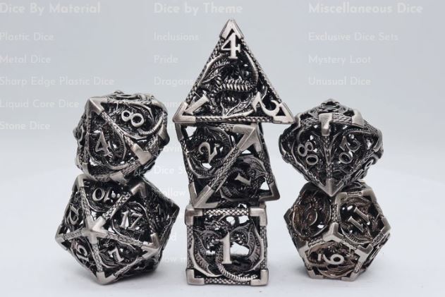 A collection of intricately designed metal dice featuring dragon motifs and elaborate numbers. The dice are silver in color, showcasing a variety of shapes including d20, d12, d10, d8, d6, and d4, perfect for tabletop RPG gaming. This set combines functionality with detailed aesthetics for an immersive gaming experience.