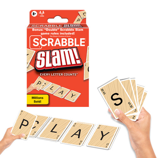 A box of Scrabble Slam! game by Hasbro, featuring the words 'SCRABBLE SLAM!' prominently on the front. Hands are holding cards that display the letters S, P, L, A, Y, which are part of the game. The packaging emphasizes 'Every Letter Counts' and mentions 'Millions Sold!' in a vibrant, engaging design.
