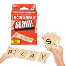 A box of Scrabble Slam! game by Hasbro, featuring the words 'SCRABBLE SLAM!' prominently on the front. Hands are holding cards that display the letters S, P, L, A, Y, which are part of the game. The packaging emphasizes 'Every Letter Counts' and mentions 'Millions Sold!' in a vibrant, engaging design.