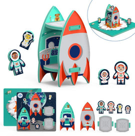 A colorful 'Spaceship 3D Foam Play Puzzle' by Storytime Toys featuring an interactive rocket design. The puzzle includes astronaut characters, a detailed rocket interior, and vibrant play pieces, encouraging imaginative play and fine motor skills for children.