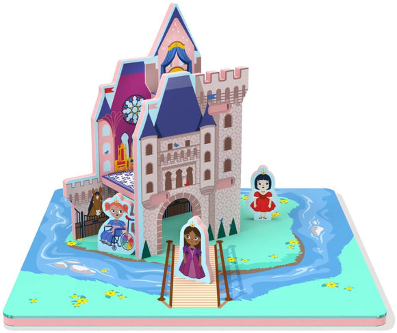 A colorful 3D foam play jigsaw puzzle designed as a princess castle. The castle features multiple towers, colorful decorations, and a river with flowers. Includes character pieces of princesses and a horse. Ideal for imaginative play and puzzle-solving.