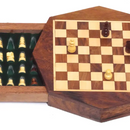A 6-inch octagon-shaped wooden chess set with a beautiful natural finish. The chessboard features alternating light and dark squares, while the pieces are neatly arranged in a wooden box with a green velvet lining. The box has a secure lid, making it perfect for transportation and storage. This high-quality chess set is ideal for both beginners and seasoned players.