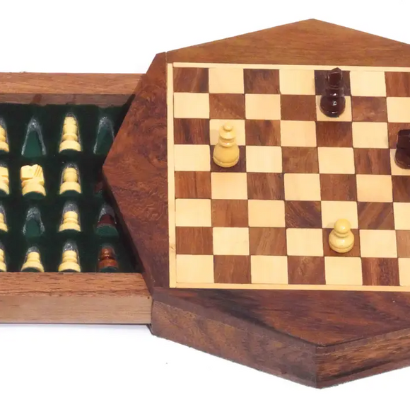 A 6-inch octagon-shaped wooden chess set with a beautiful natural finish. The chessboard features alternating light and dark squares, while the pieces are neatly arranged in a wooden box with a green velvet lining. The box has a secure lid, making it perfect for transportation and storage. This high-quality chess set is ideal for both beginners and seasoned players.