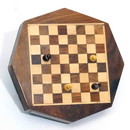 A beautiful 6-inch octagon wooden chess board with a checkered pattern in light and dark wood, featuring four chess pieces placed on the board. The classic design showcases the craftsmanship of R. Expo, making it a perfect addition to any game collection.