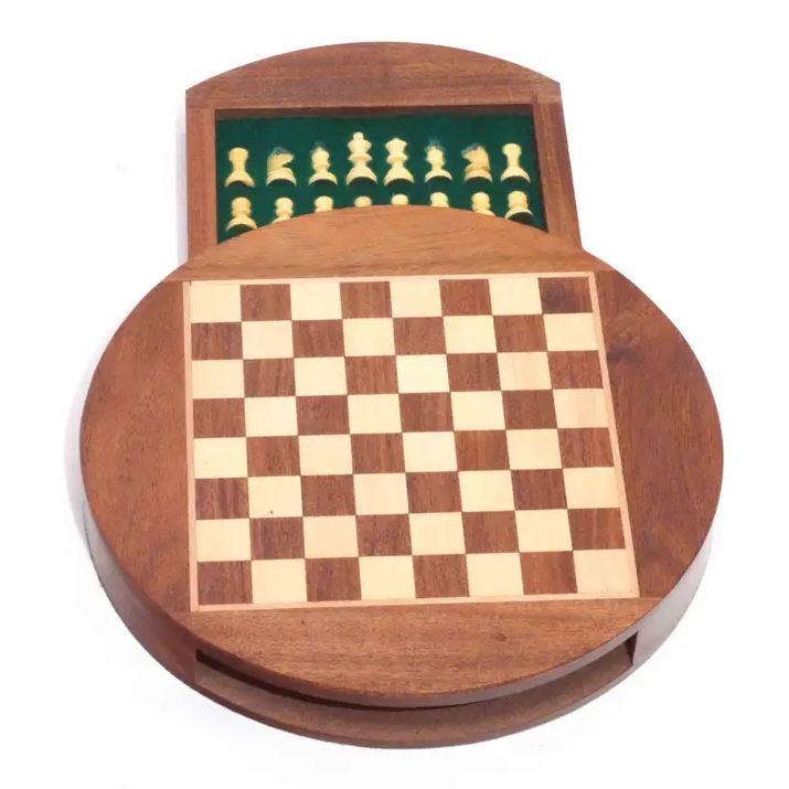 A 9-inch round wooden chess set featuring a classic checkered board design. The board is made of light and dark wood, with a storage space for chess pieces underneath. The green felt-lined compartment holds wooden chess pieces, including pawns, knights, and more, neatly arranged for easy access during gameplay.