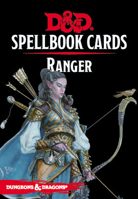Dungeons & Dragons Spellbook Cards for Rangers featuring a beautifully illustrated character with an elaborate bow and a quiver of arrows, set against a black background. The text displays 'D&D SPELLBOOK CARDS' and 'Ranger' prominently, showcasing the game's fantasy theme.