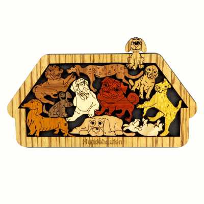 A colorful mechanical puzzle featuring various dog breeds intricately designed in wood. The puzzle showcases detailed depictions of playful dogs and includes multiple pieces that fit together, promoting engagement and problem-solving skills.