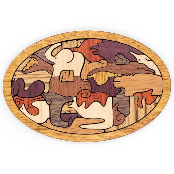 Tier-Ei is a mechanical puzzle made by Jean Claude, featuring intricately designed interlocking wooden pieces in a variety of colors and shapes, arranged within an oval frame. This puzzle presents a unique challenge as it combines artistry with mechanical movement, perfect for puzzle enthusiasts and collectors.