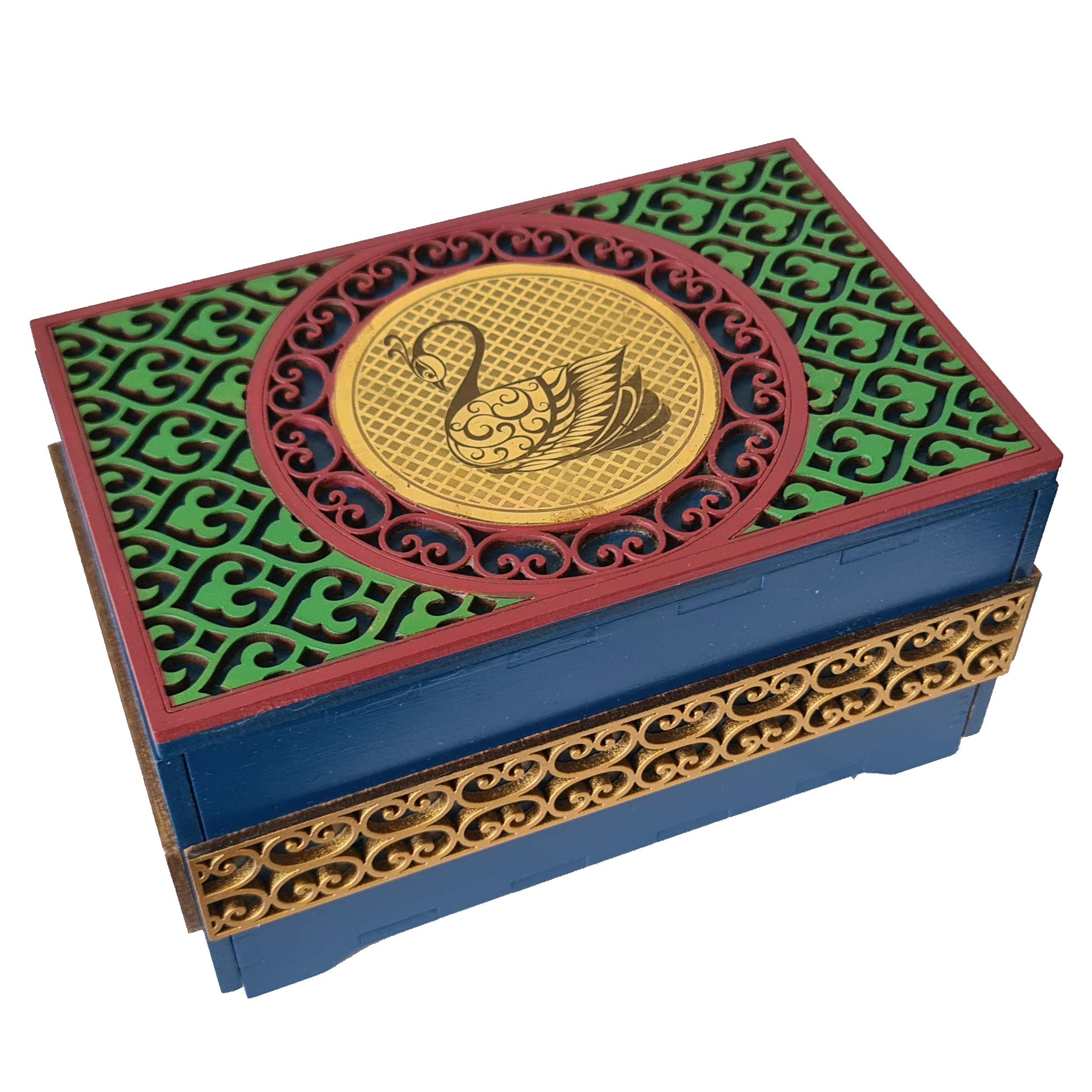 The Swan Box by Jean Claude is an intricately designed mechanical puzzle featuring a beautifully detailed swan emblem on a gold medallion at the center. The box has a vibrant green and red geometric pattern surrounding it, with ornate gold accents along the base. The craftsmanship showcases both artistry and a challenging puzzle experience.