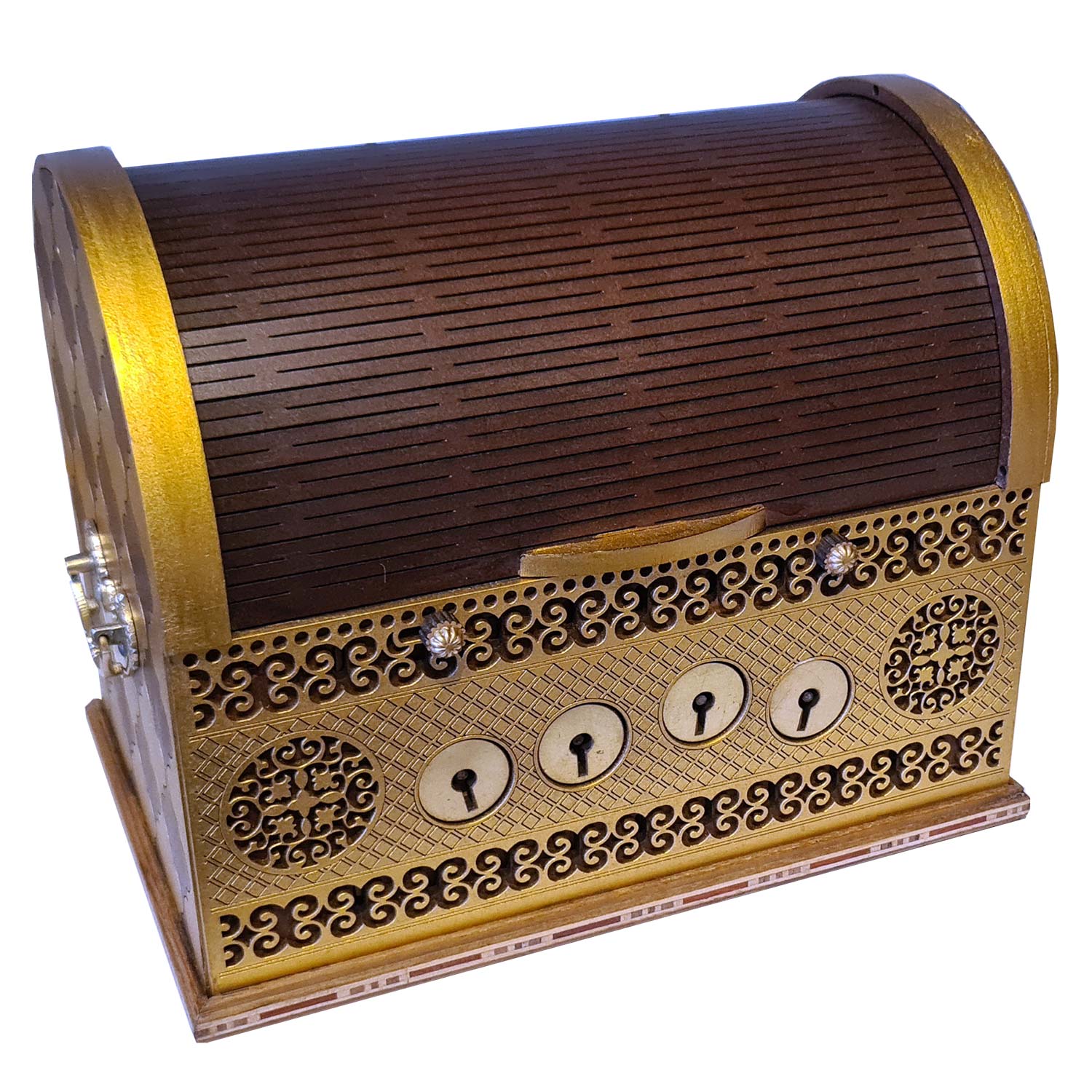 A beautifully crafted Mechanical Lunch Box by Jean Claude, featuring intricate gold and brown detailing, curved top, decorative patterns, and four small keyholes on the front, suggesting it's a mechanical puzzle to unlock.