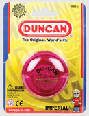 Bright pink Duncan Yo-Yo Imperial, displayed in its packaging. The yo-yo features the iconic Duncan logo embossed on its surface, emphasizing its classic design. Perfect for players of all ages, this toy is known for its durability and smooth performance, making it a favorite among yo-yo enthusiasts.