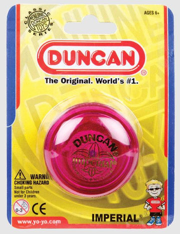 Bright pink Duncan Yo-Yo Imperial, displayed in its packaging. The yo-yo features the iconic Duncan logo embossed on its surface, emphasizing its classic design. Perfect for players of all ages, this toy is known for its durability and smooth performance, making it a favorite among yo-yo enthusiasts.