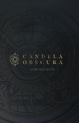 Cover of the Candela Obscura RPG core rulebook by Darrington Press LLC, featuring ornate golden lettering on a dark background with intricate astronomical designs.