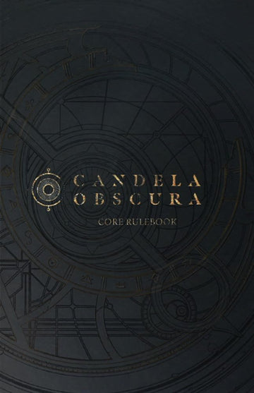 Cover of the Candela Obscura RPG core rulebook by Darrington Press LLC, featuring ornate golden lettering on a dark background with intricate astronomical designs.