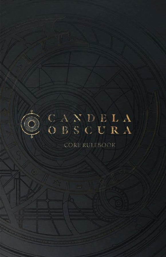 Cover of the Candela Obscura RPG core rulebook by Darrington Press LLC, featuring ornate golden lettering on a dark background with intricate astronomical designs.