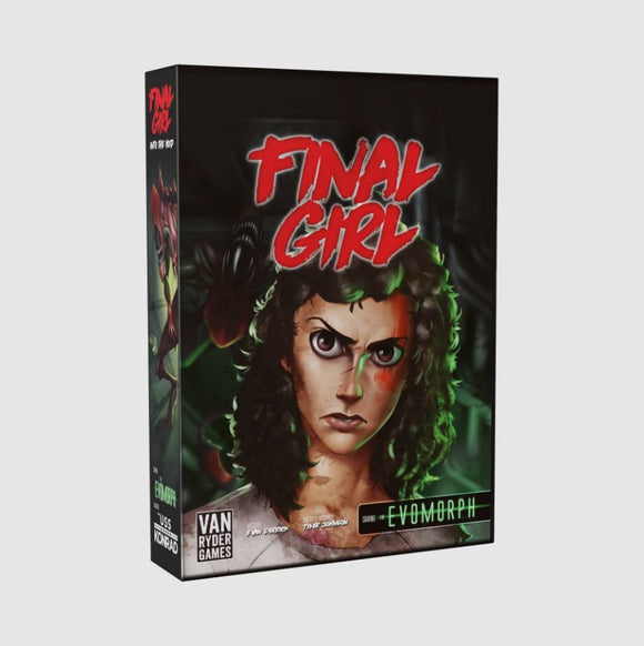 Final Girl: Into the Void game box by VAN RYDER GAMES. The cover features a fierce female character with curly hair and intense expression, set against a dark, eerie background with horror-themed graphics.