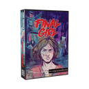 Final Girl: A Knock at the Door game by VAN RYDER GAMES, featuring a striking illustrated cover with a determined female character in a tense horror setting, surrounded by masked figures and a haunted house backdrop.