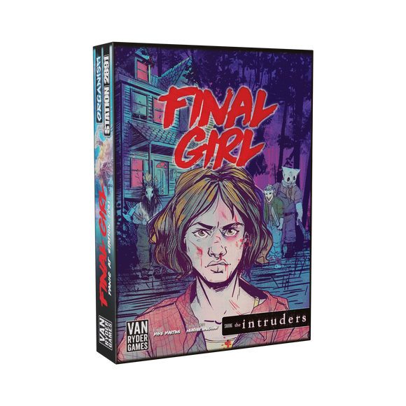 Final Girl: A Knock at the Door game by VAN RYDER GAMES, featuring a striking illustrated cover with a determined female character in a tense horror setting, surrounded by masked figures and a haunted house backdrop.