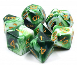 A set of Jadeite RPG dice featuring a swirl of vibrant green and white colors. Each die is marked with gold numbers, showcasing various shapes including d20, d12, d10, and d4. The collection is perfect for tabletop role-playing games, providing a stylish and unique touch to any gaming session.