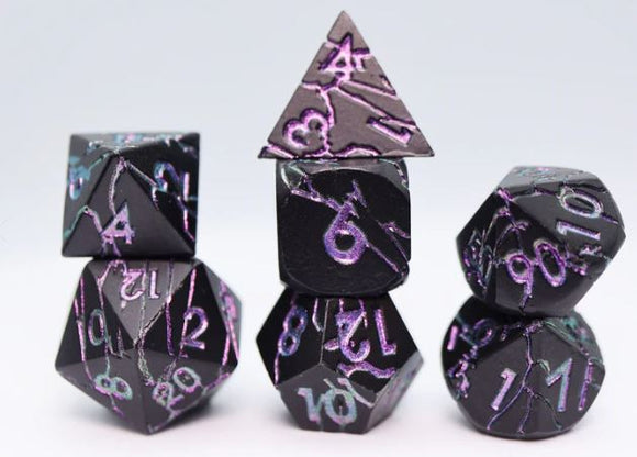 Set of six purple lightning metal RPG dice arranged in a stack. The dice feature a glossy black surface with striking purple numbers and crackle patterns, including a tetrahedron, dodecahedron, and several polyhedral shapes typical for tabletop role-playing games.