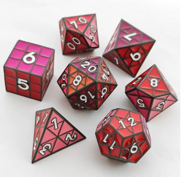 A vibrant set of puzzle cubes designed in shades of red, featuring various geometric shapes including a cube, pyramid, and dodecahedron, each marked with numbers and intricate patterns. The cubes exhibit a glossy finish, enhancing their playful appeal, perfect for RPG enthusiasts or puzzle collectors.