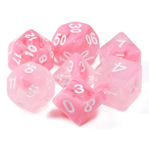 A set of six pink rose RPG dice, featuring various shapes including a d20, d12, d10, d8, d6, and d4. Each die has translucent pink coloring with white engraved numbers, perfect for tabletop gaming.