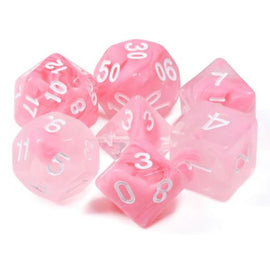 A set of six pink rose RPG dice, featuring various shapes including a d20, d12, d10, d8, d6, and d4. Each die has translucent pink coloring with white engraved numbers, perfect for tabletop gaming.
