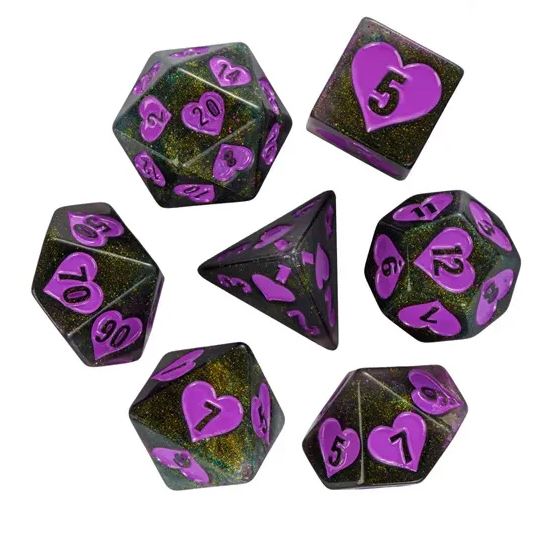 A colorful Jealous Love RPG dice set by Foam Brain Games featuring seven dice in various shapes and sizes. Each die is black with purple hearts and numbers, creating a playful and enchanting design. The set includes a d20, d12, d10, d8, d6, d4, and a specialty die, perfect for tabletop role-playing games.