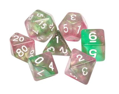 A vibrant set of seven glow-in-the-dark RPG dice from Foam Brain Games, featuring translucent pink and green colors with white numbers, ideal for tabletop gaming.