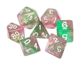 A vibrant set of seven glow-in-the-dark RPG dice from Foam Brain Games, featuring translucent pink and green colors with white numbers, ideal for tabletop gaming.