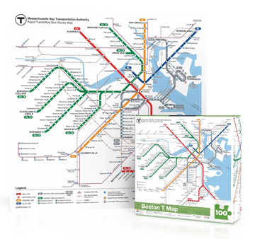 MBTA map with box for mini Boston T Map 100 piece puzzle in front of it
